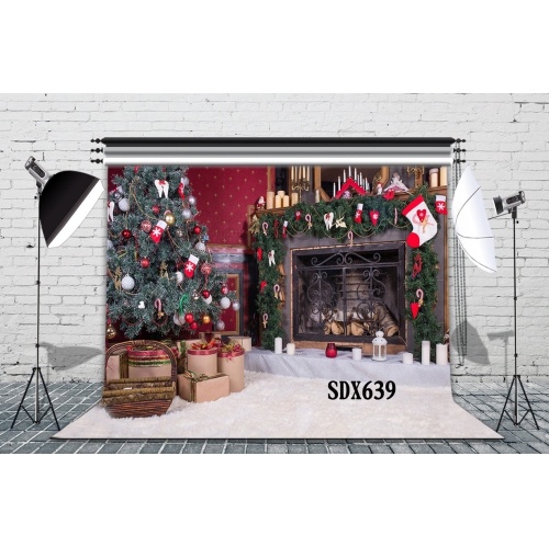 7x5ft Christmas Tree And Fireplace Christmas Photography Backdrops
