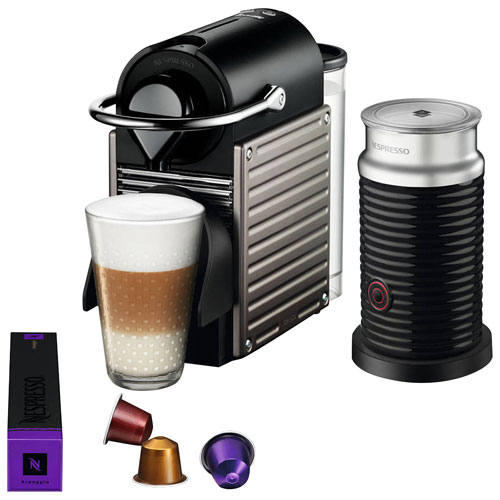 Machine à espresso Nespresso Pixie par Breville avec mousseur à lait Aeroccino - Titan