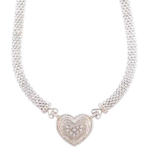 Le Reve Pave Heart Pendant in 17" Wide Mesh Omega Sterling Silver Chain