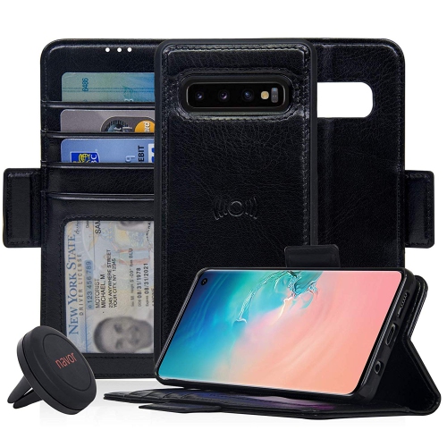 Support universel pour l’auto de Navor et étui-portefeuille magnétique amovible compatible avec le Galaxy S10-6.1 po de Samsung [série Vaio] - Noir