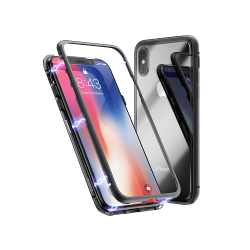 360º Magnetic Metal Frame Tempered Glass Back Magnet Phone Cover Case For Apple iPhone X / iPhone XS - Black