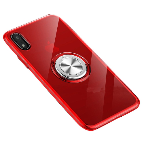Stand Ring Holder Transparent Back Cover Colored Soft TPU Metal Phone Cover Case For iPhone XR - Red