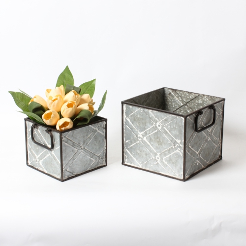 Metal Planters in Distress White and Diamond Pattern