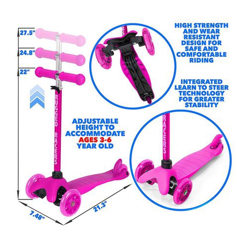 Rugged Racer Mini Scooter with Adjustable Height and LED Wheels, Pink