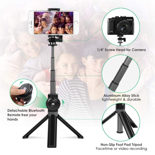 Selfie Stick Tripod, Bluetooth Selfie Stick with Tripod Stand and Detachable Wireless Remote, Extendable Monopod