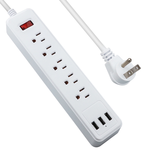 4.5ft Extension Cord Power Strip for Surge Protection, Power Bar with 5 Outlets, 3 USB Ports, Wall Mountable, Charging Station for Home & Office