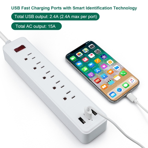4.5ft Extension Cord Power Strip for Surge Protection, Power Bar with 5 Outlets, 3 USB Ports, Wall Mountable, Charging Station for Home & Office
