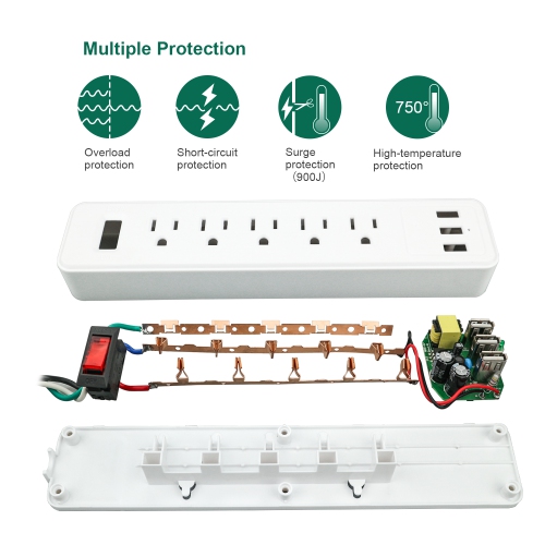 4.5ft Extension Cord Power Strip for Surge Protection, Power Bar with 5 Outlets, 3 USB Ports, Wall Mountable, Charging Station for Home & Office