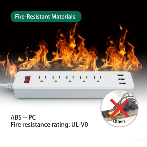 4.5ft Extension Cord Power Strip for Surge Protection, Power Bar with 5 Outlets, 3 USB Ports, Wall Mountable, Charging Station for Home & Office