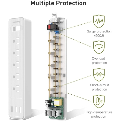 4.5ft Extension Cord Power Strip for Surge Protection, Power Bar with 5 Outlets, 3 USB Ports, Wall Mountable, Charging Station for Home & Office