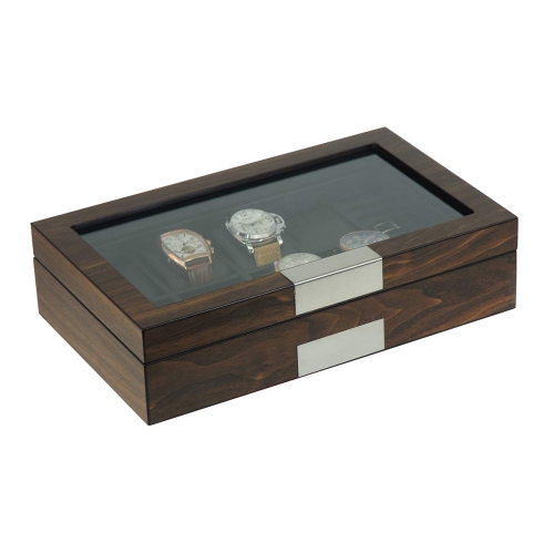 Grande boîte de rangement en bois avec 8 compartiments pour montres et boutons de manchette avec fenêtre en verre