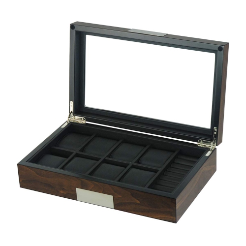 Grande boîte de rangement en bois avec 8 compartiments pour montres et boutons de manchette avec fenêtre en verre