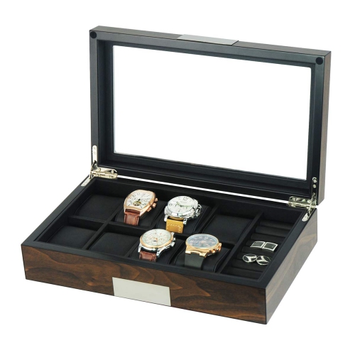 Grande boîte de rangement en bois avec 8 compartiments pour montres et boutons de manchette avec fenêtre en verre