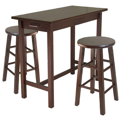 Sally Transitional 3-Piece Breakfast Table with Square Leg Stools - Antique Walnut