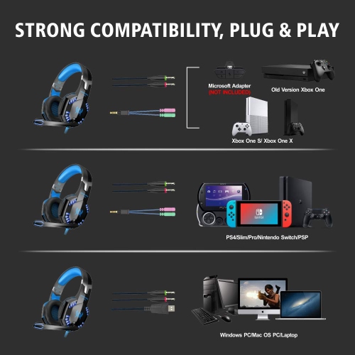 Casque de jeu pour PS4 Xbox One PC Nintendo Switch, avec micro, éclairage DEL, réduction du bruit, ambiophonie basse stéréo