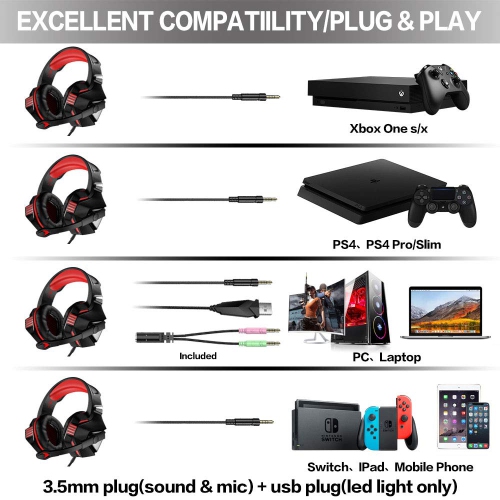 Casque de jeu pour PC Xbox One Nintendo Switch iPad Mobile, écouteurs de jeu avec micro, lampe DEL, commande de volume