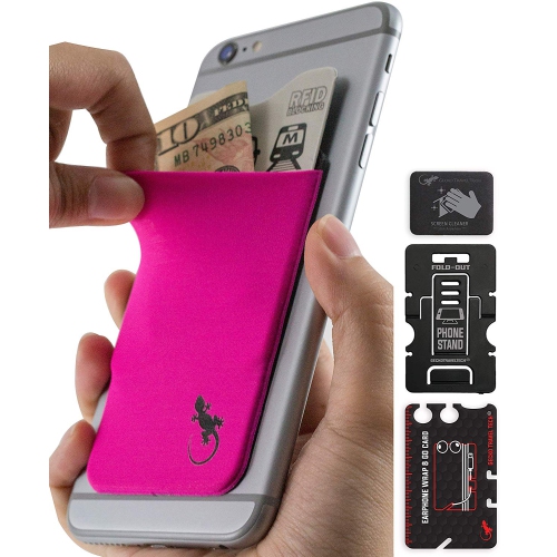 Gecko Travel Tech Phone Wallet - Stick On Card Holder Wallet for Cell Phones - Adhesive Card Pocket - PINK BLACK
