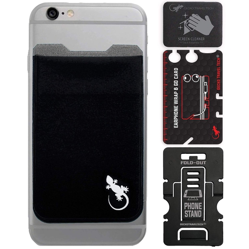 Gecko Travel Tech Phone Wallet - Stick On Card Holder Wallet for Cell Phones - Adhesive Card Pocket - BLACK WHITE