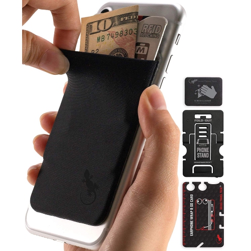 Gecko Travel Tech Phone Wallet - Stick On Card Holder Wallet for Cell Phones - Adhesive Card Pocket - BLACK BLACK