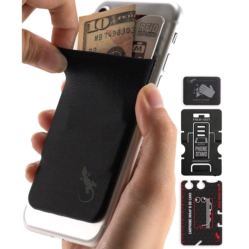 Gecko Travel Tech Phone Wallet - Stick On Card Holder Wallet for Cell Phones - Adhesive Card Pocket - BLACK GRAY
