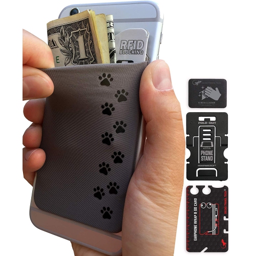 Gecko Travel Tech Phone Wallet - Stick On Card Holder Wallet for Cell Phones - Adhesive Card Pocket - DOG PAW GRAY