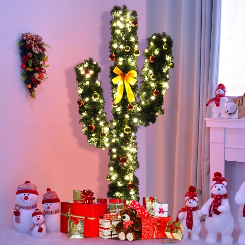 Gymax New 7' Pre-Lit LED Lights Artificial Cactus Christmas Tree with Ball Ornaments