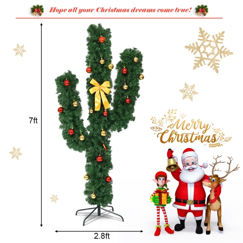 Gymax New 7' Pre-Lit LED Lights Artificial Cactus Christmas Tree with Ball Ornaments