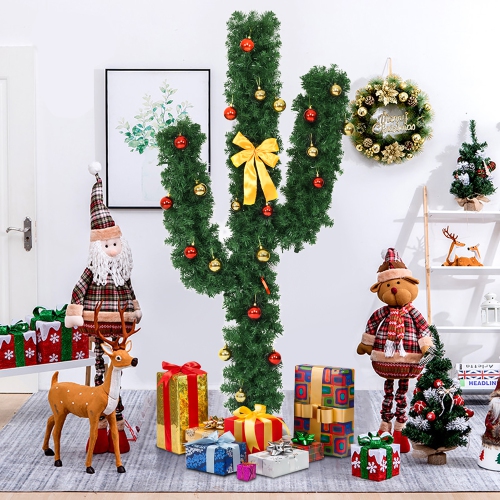 Gymax New 7' Pre-Lit LED Lights Artificial Cactus Christmas Tree with Ball Ornaments