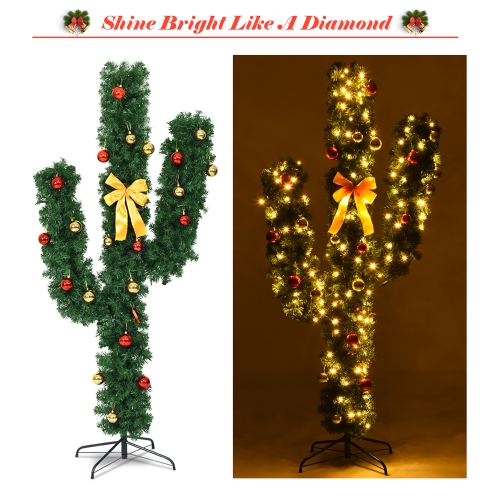 Gymax New 7' Pre-Lit LED Lights Artificial Cactus Christmas Tree with Ball Ornaments