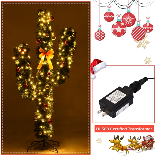 Gymax New 7' Pre-Lit LED Lights Artificial Cactus Christmas Tree with Ball Ornaments