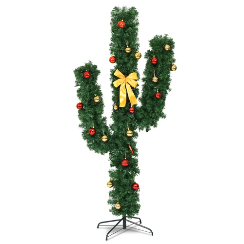 Gymax New 7' Pre-Lit LED Lights Artificial Cactus Christmas Tree with Ball Ornaments