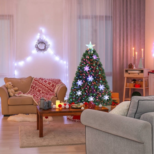GYMAX  Pre-Lit Fiber Optic 4'artificial Christmas Tree 18 Led Lights Snowflakes Star Decoration