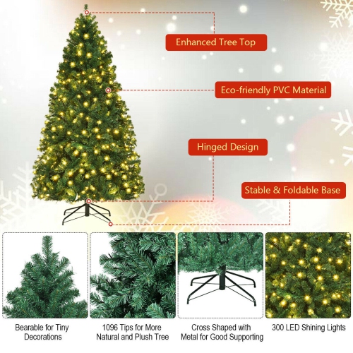 Gymax Pre-Lit PVC 7' Artificial Christmas Tree Hinged LED Lights Metal Stand
