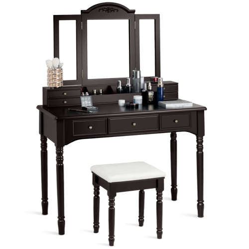 Gymax Vanity Set W/7 Drawers Tri-Folding Necklace Hooked Mirror Dressing Table Brown