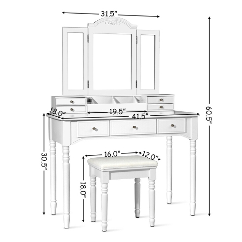 Gymax Vanity Set W/7 Drawers Tri-Folding Necklace Hooked Mirror Dressing Table White