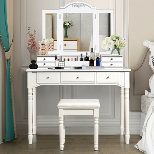 Gymax Vanity Set W/7 Drawers Tri-Folding Necklace Hooked Mirror Dressing Table White