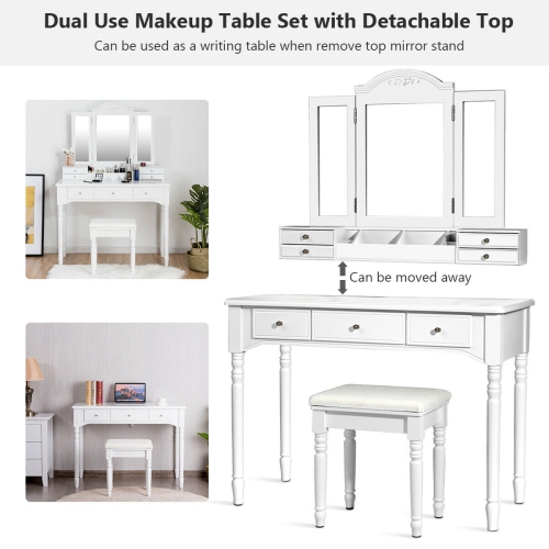 Gymax Vanity Set W/7 Drawers Tri-Folding Necklace Hooked Mirror Dressing Table White