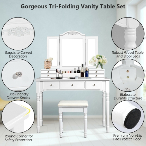 Gymax Vanity Set W/7 Drawers Tri-Folding Necklace Hooked Mirror Dressing Table White