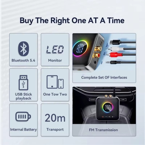 Bluetooth 5.4 Receiver Transmitter Wireless Audio Adapter with aptX Low Latency HiFi Stereo Sound FM Car Kit 3D Surround AUX RCA USB for TV PC Home