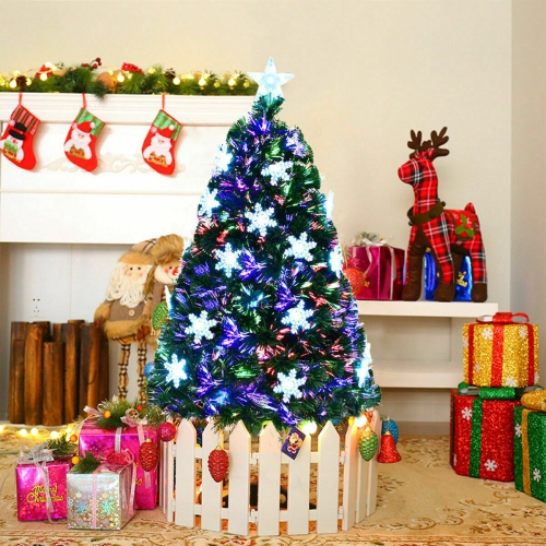 GYMAX  4' Pre-Lit Multi-Color Lights Fiber Optic Artificial Christmas Tree With Snowflakes