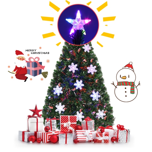 Gymax 6' Pre-Lit Multi-Color Lights Fiber Optic Artificial Christmas Tree with Snowflakes