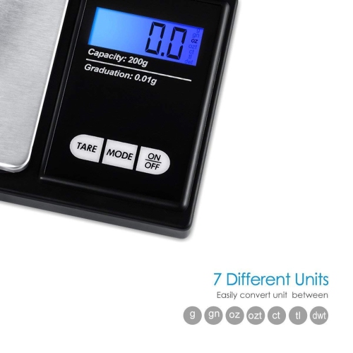 Digital Pocket Scale, Electronic Smart Scale with 7 Units, LCD Backlit Display, Tare Function, Stainless Steel