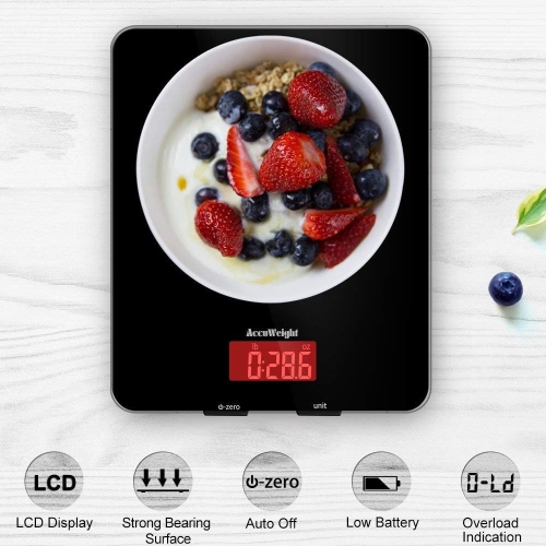 Accuweight 201B Digital Kitchen Scale Multifunction Meat Food Scale Tempered Glass Surface with LCD Display for Baking Kitchen Cooking Max Weight
