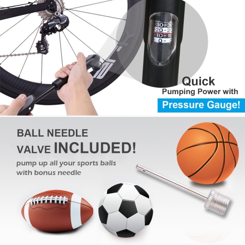 Bike Pump, [120 PSI] Bicycle Pump with Gauge, Ball Pump with Needle, Glueless Patch Kit, Cycle Valve Caps and Frame Mount