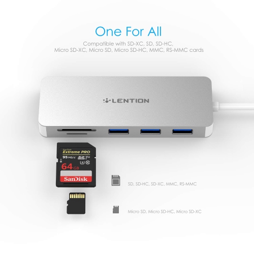 3-Port USB 3.0 Data Hub with SD/Micro SD Card Reader, Multiport USB Adapter Compatible for MacBook Air/Pro