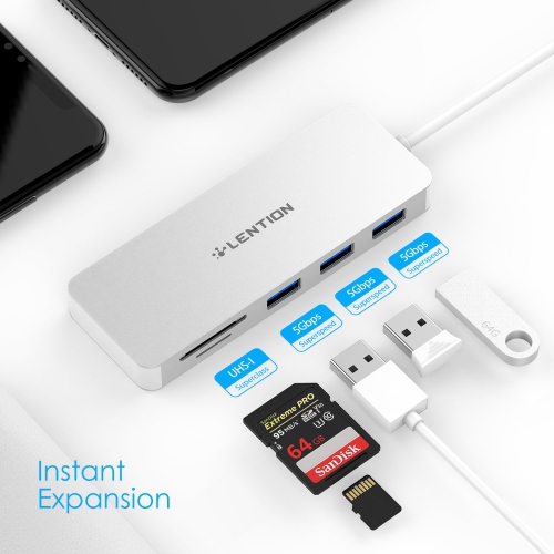 3-Port USB 3.0 Data Hub with SD/Micro SD Card Reader, Multiport USB Adapter Compatible for MacBook Air/Pro