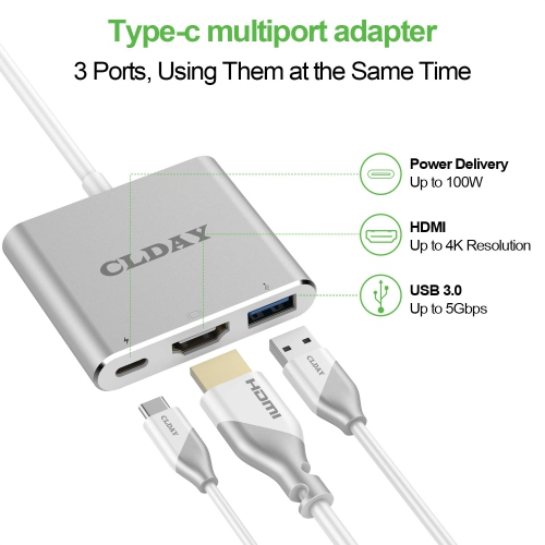 4K USB Type-C Multiport Hub, 3-in-1 with HDMI Port USB 3.0 Port and USB-C Fast Charging Port