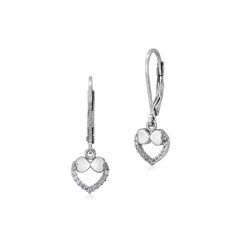 Massete Sterling Silver Simulated Diamond Heart and Bow Dangle Leverback Earrings