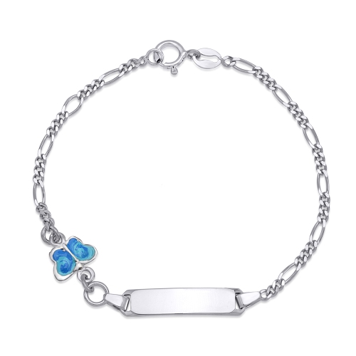 UnicornJ Childrens Sterling Silver Engraveable ID Bracelet Figaro Chain with Accent Butterfly Charm