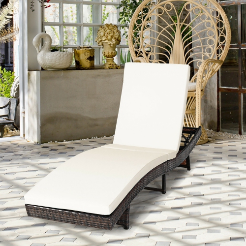 Costway 2PCS Patio Rattan Folding Lounge Chair Chaise Adjustable White Cushion